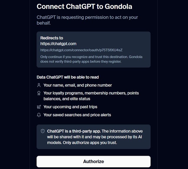 ChatGPT authorization for Gondola plug in