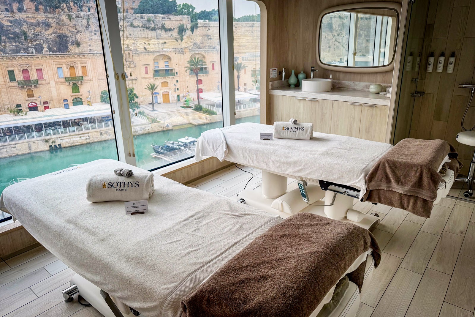 Le Dumont's small spa includes a couples treatment room with views of the sea