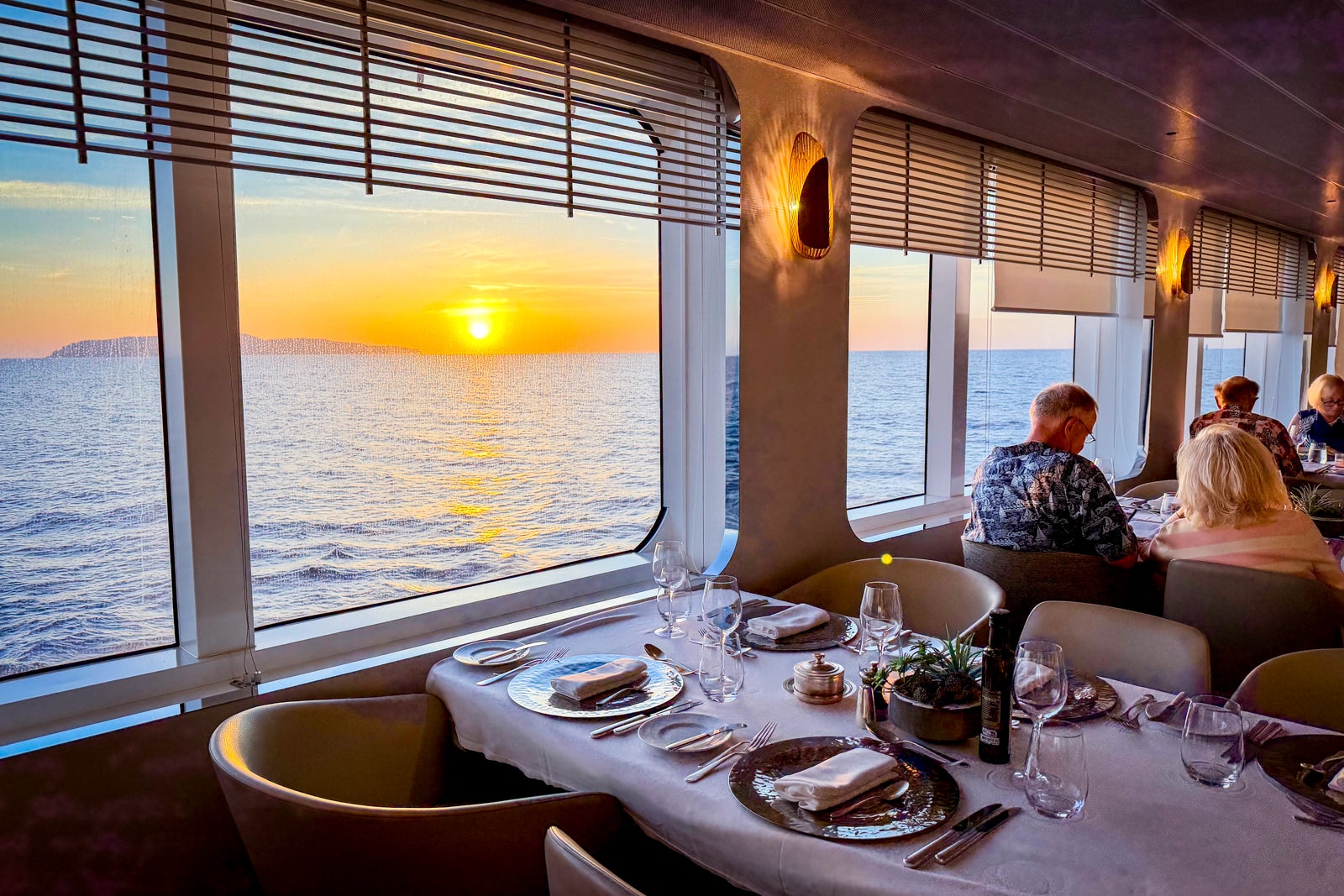 Large glass window line the main restaurant, offering fabulous views of the sea.