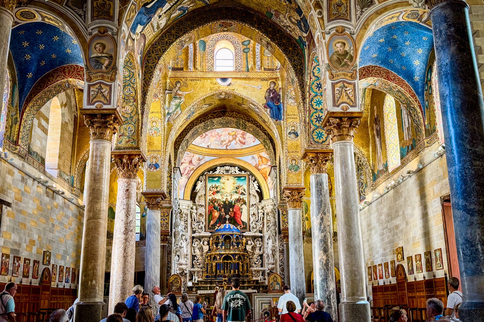 The gold mosaic-lined Church of Santa Maria dell’Ammiragli in Palermo.