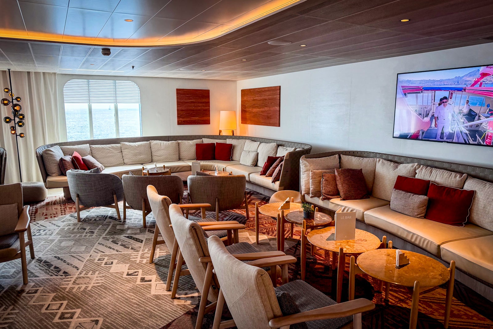 The ship's main lounge is located at the back of the vessel.