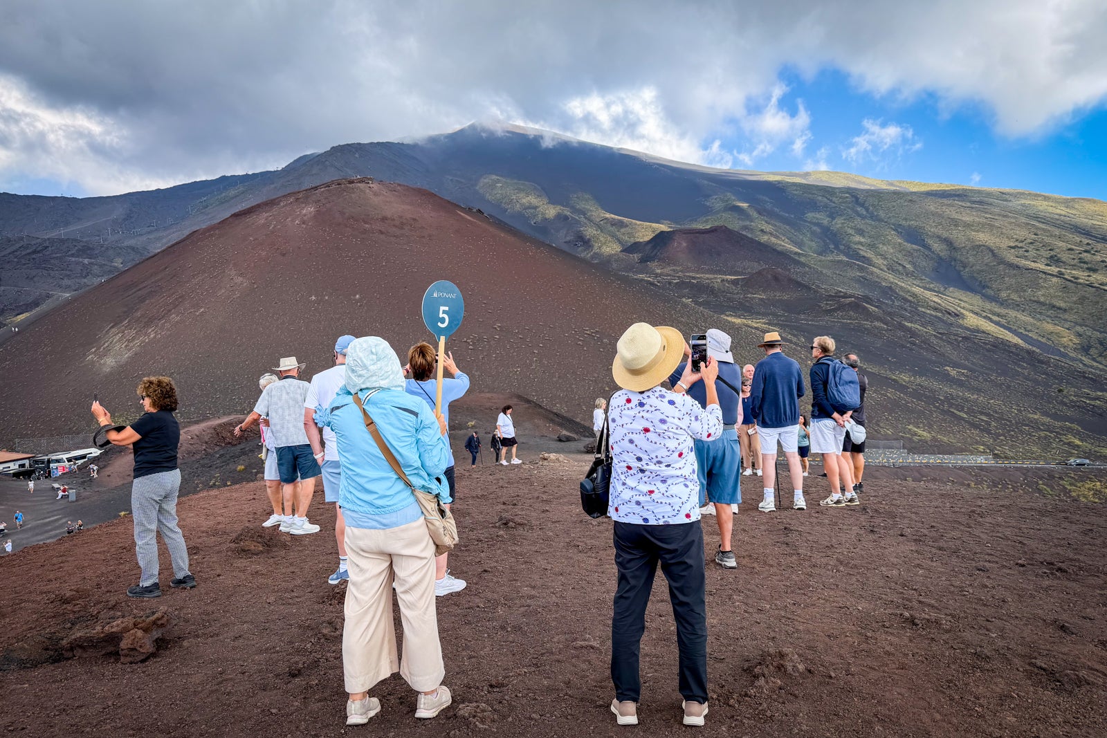 Smithsonian Journeys passengers take in the dried lava flows and craters atop Mt. Etna.