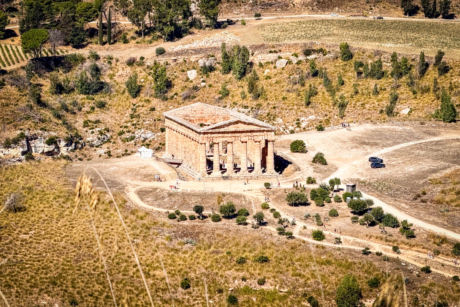 The Doric temple at Segesta as seen from the ruins of the agora (public area) above.