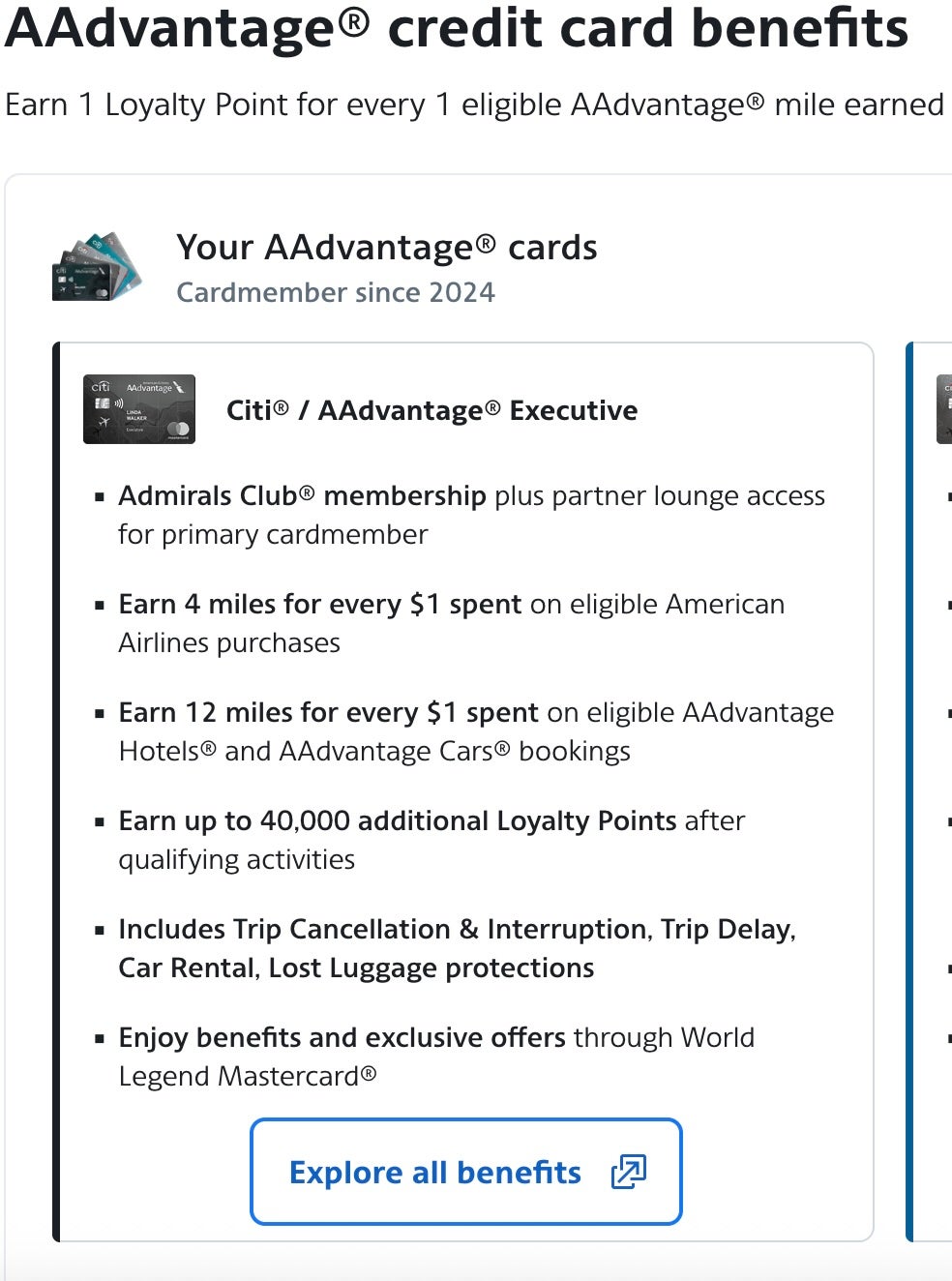 AAdvantage account home showing the benefits for an AA card