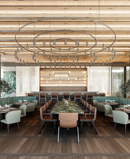restaurant in shades of teal and beige