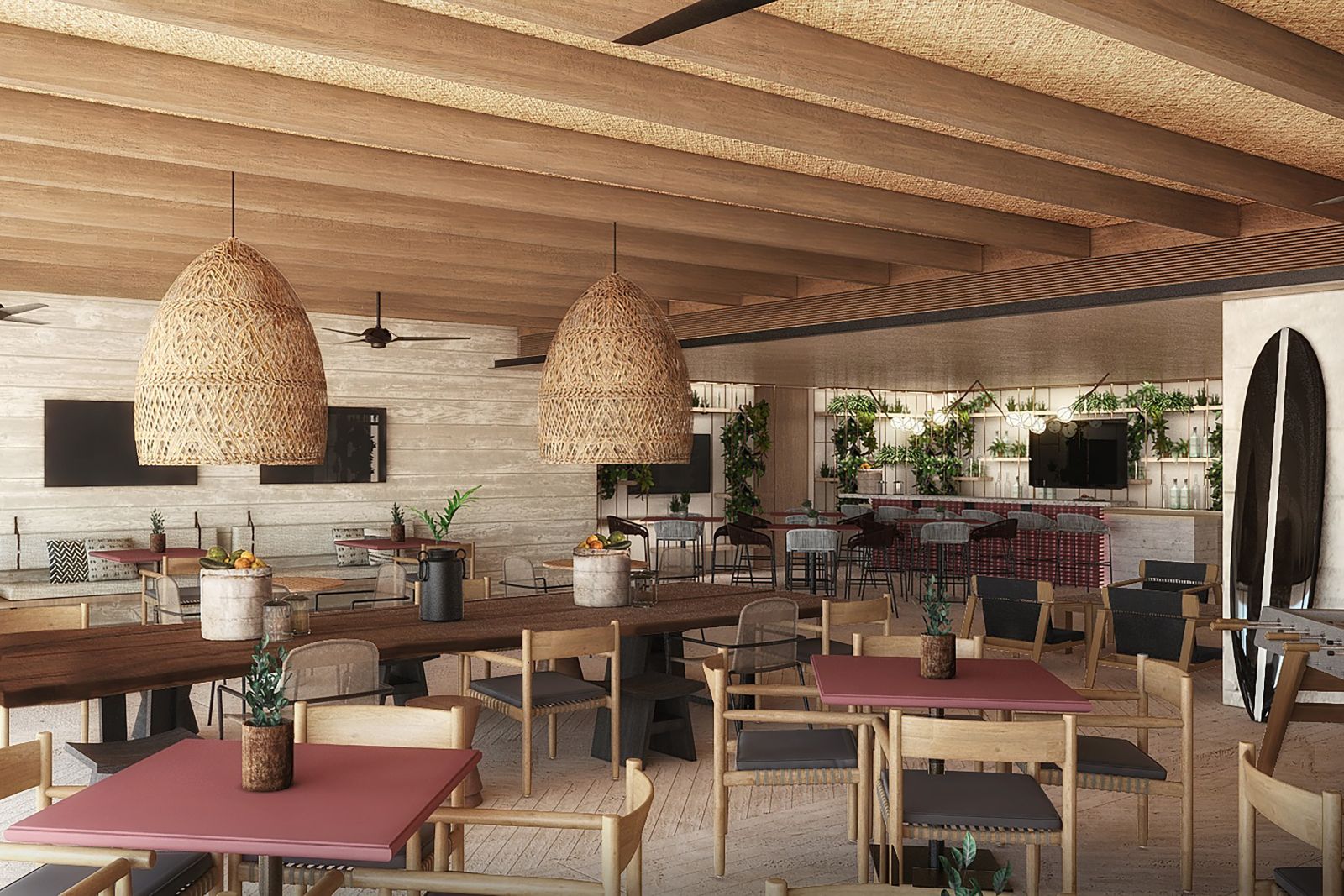 tiki bar in shades of beige and soft red with plants and surf board decor