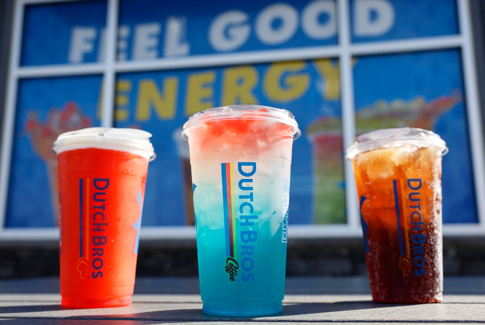 LA HABRA, CALIFORNIA - MARCH 04: In this photo illustration, the Dutch Bros logo is displayed on Dutch Bros Coffee cold energy drink