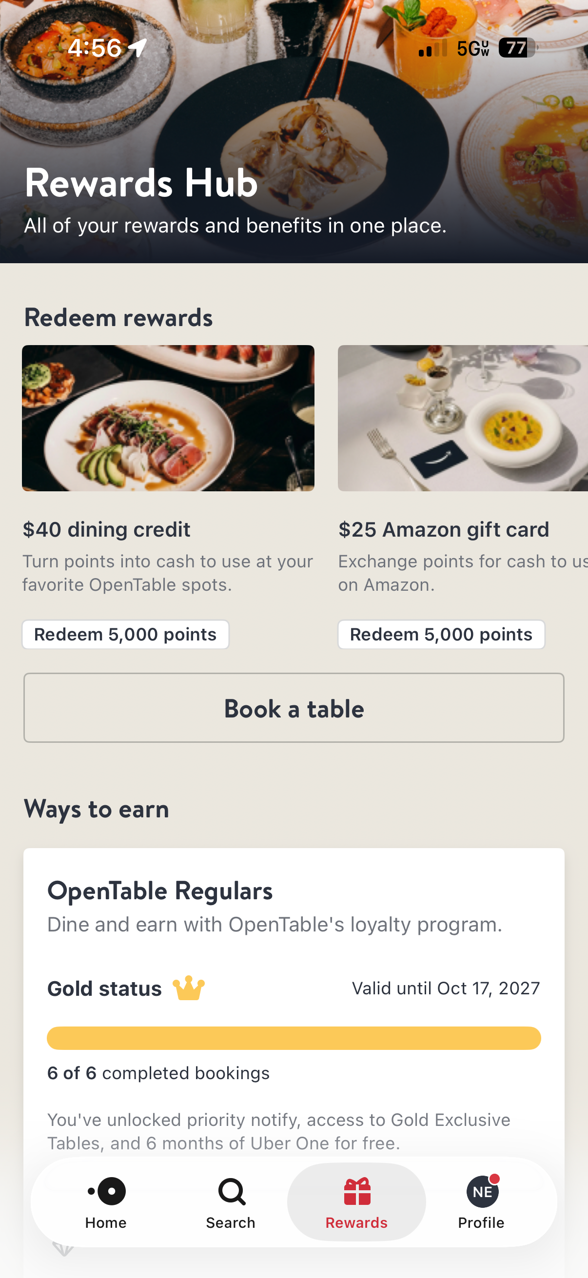 Another view of the OpenTable rewards hub
