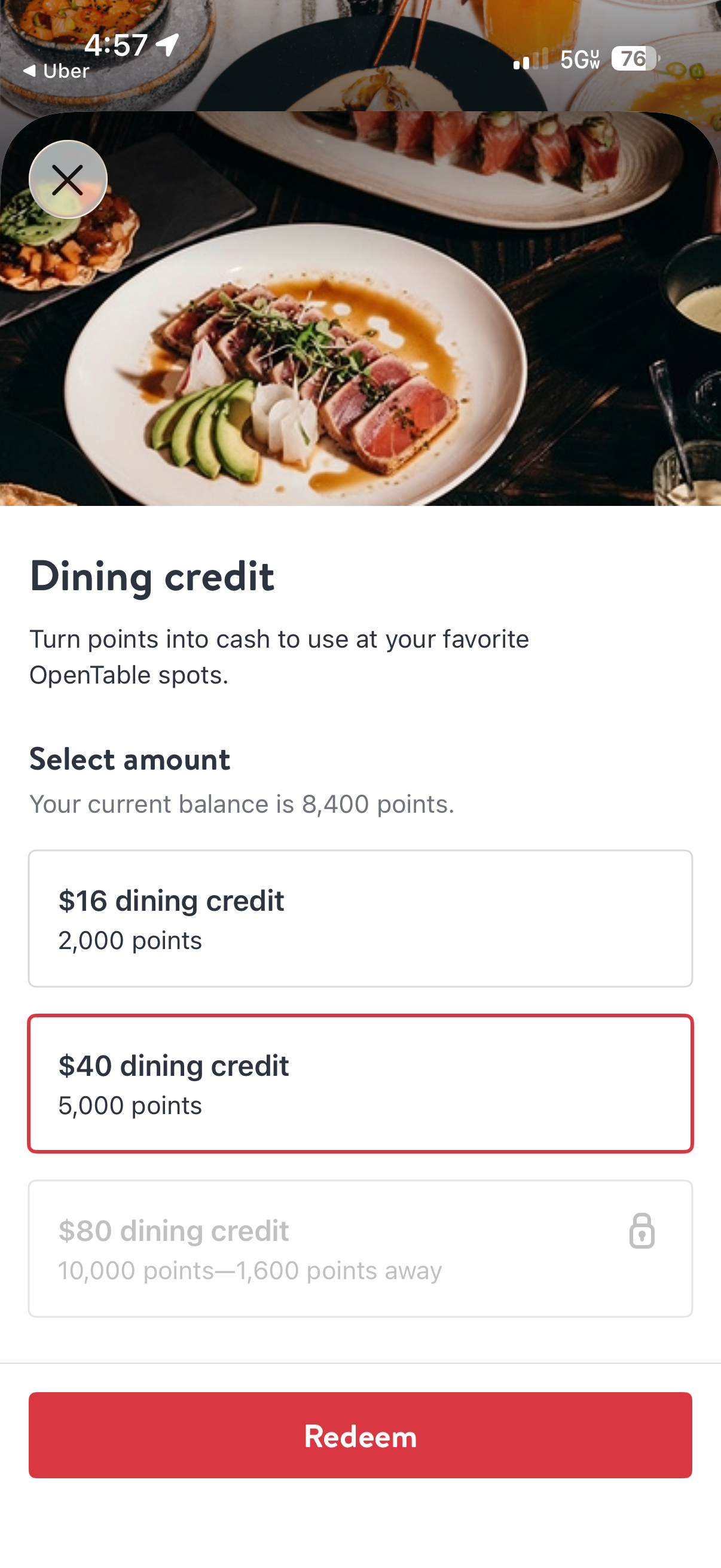 Redeeming points for a dining credit in the OpenTable app