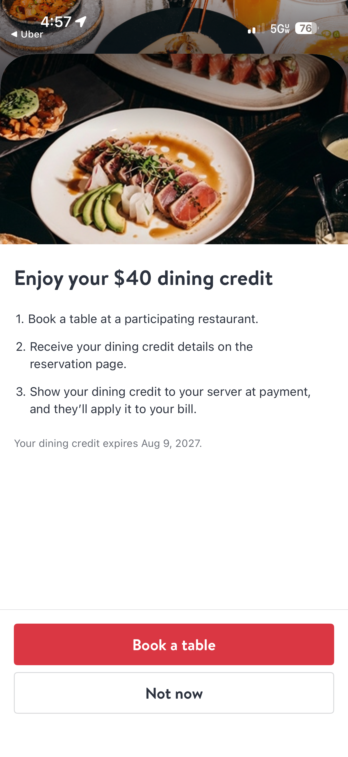Confirmation screen of a dining credit in the OpenTable app