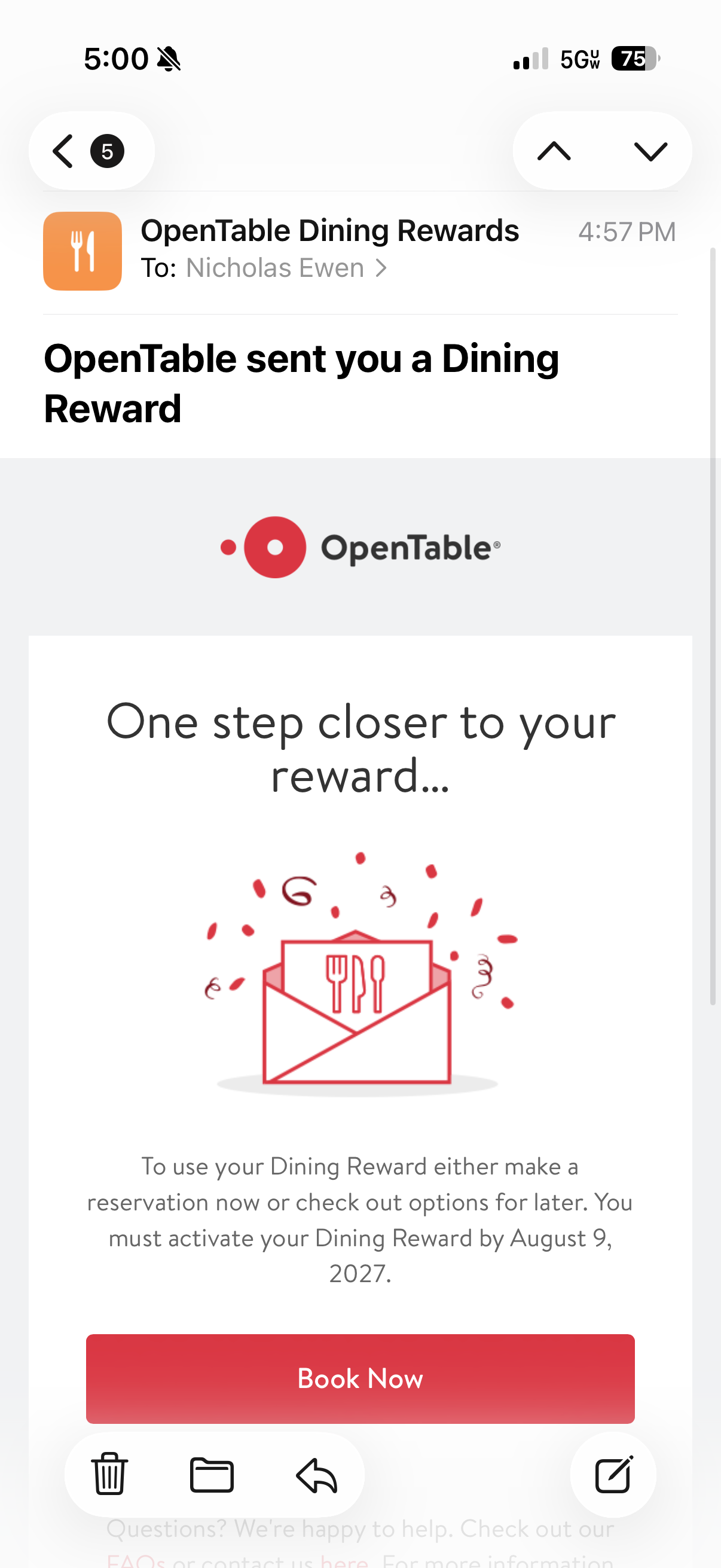 An email confirmation with a dining reward from OpenTable