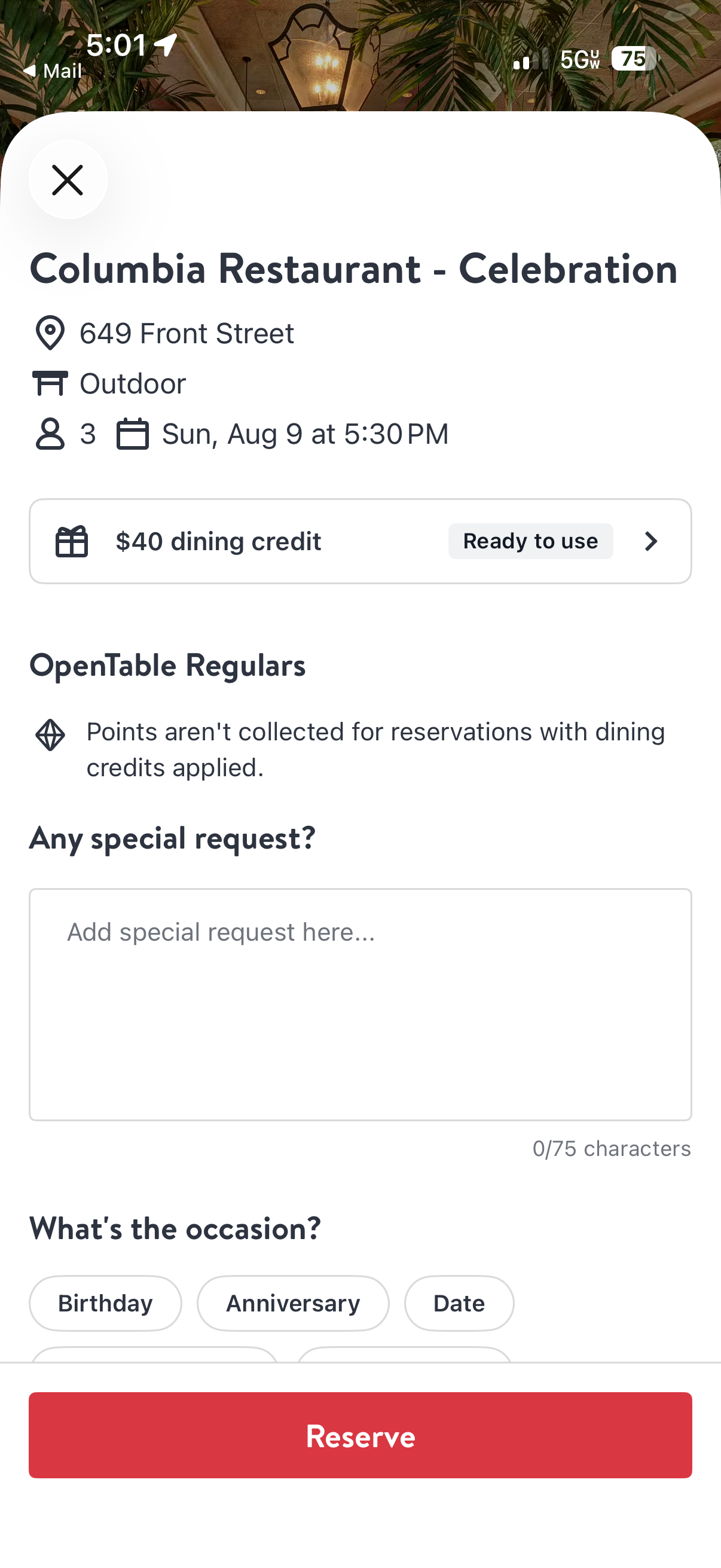 The final reservation page in the OpenTable app