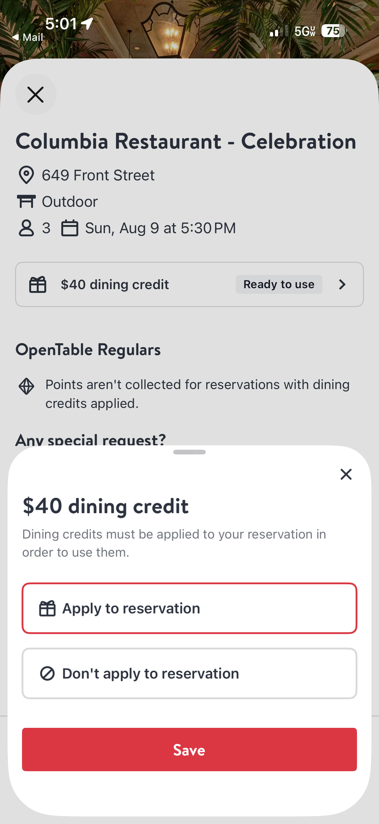 Applying an existing dining credit to a reservation at an OpenTable restaurant