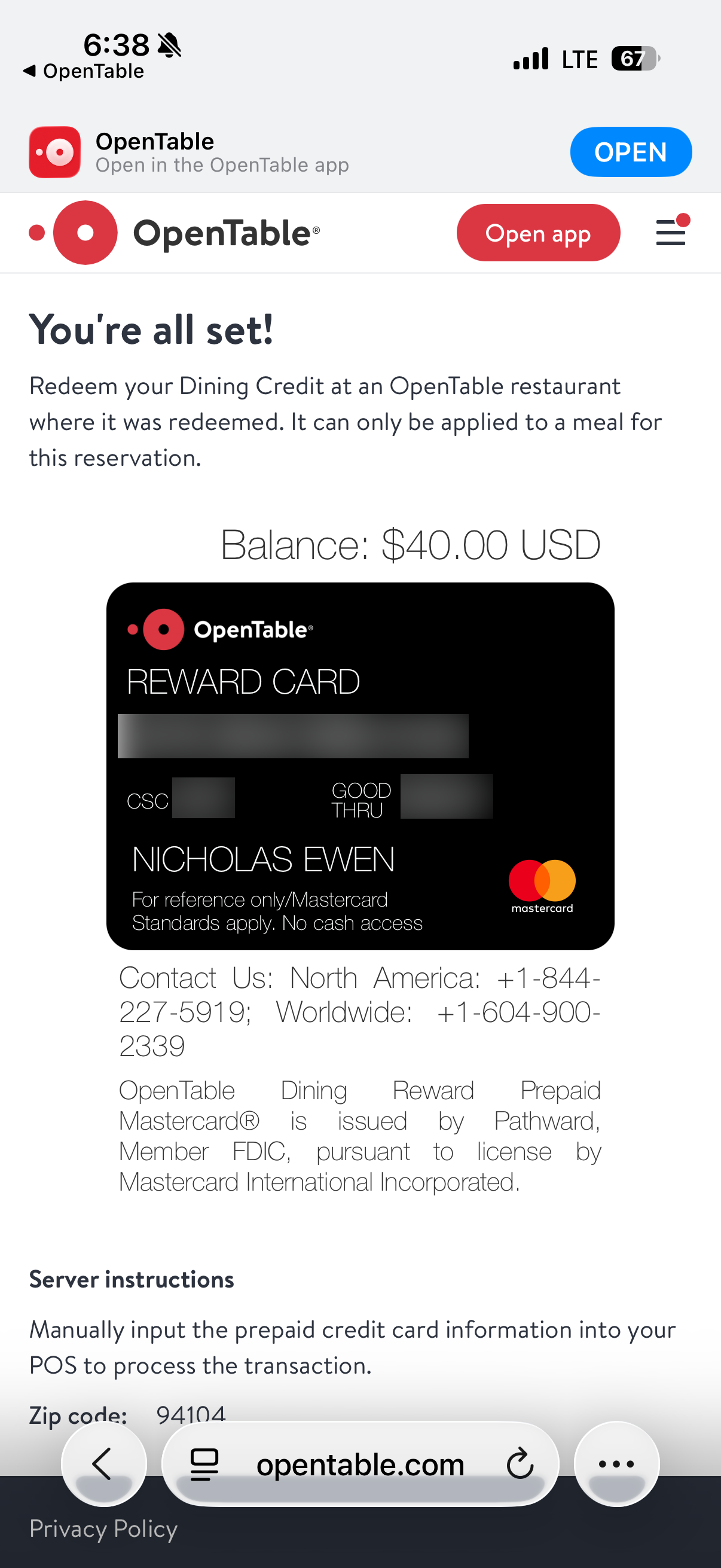 An OpenTable rewards card