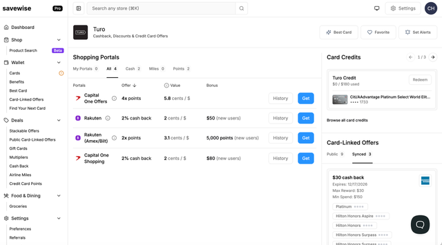 View of Savewise showing shopping portal and card offers simultaneously