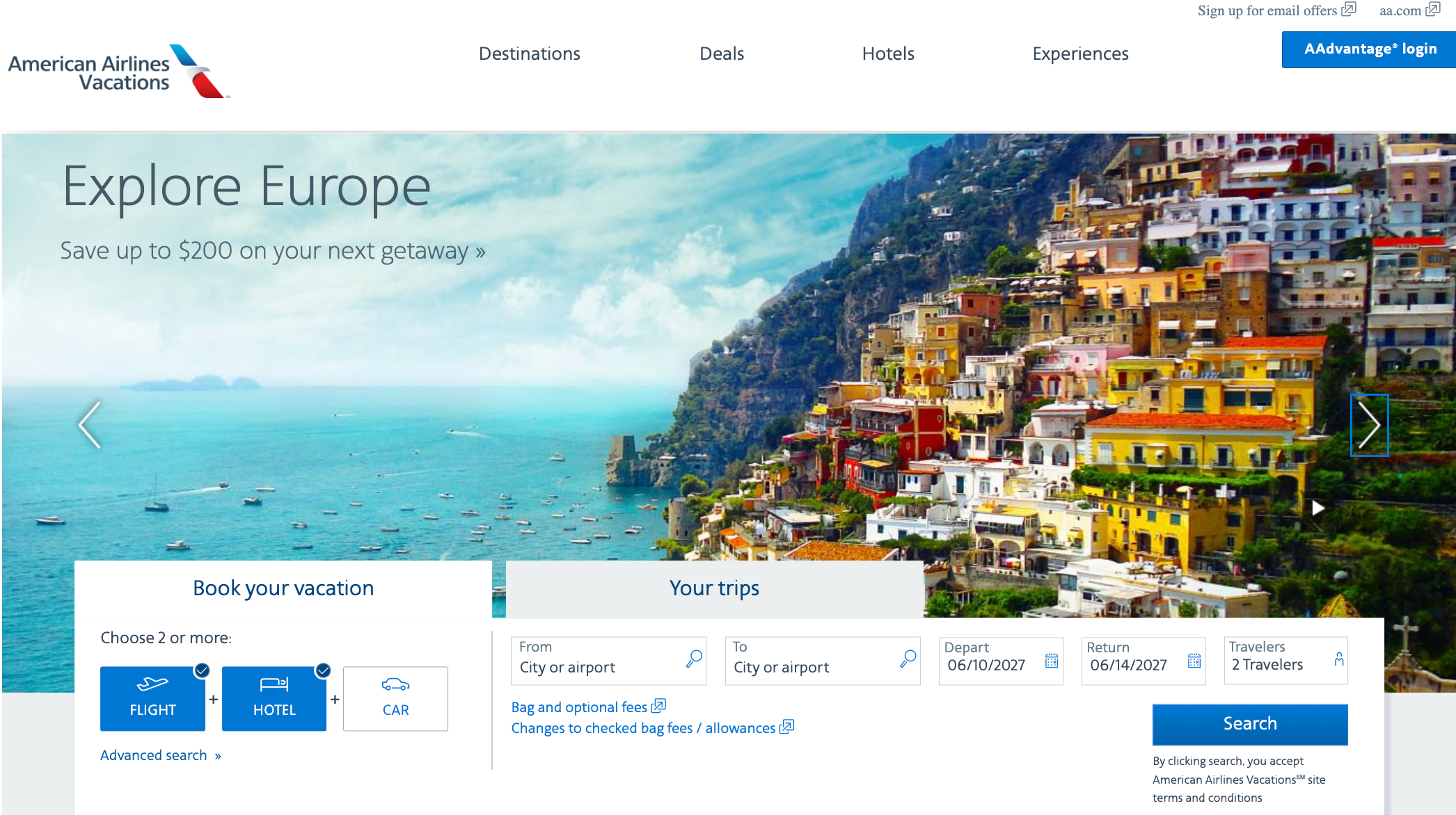 Screenshot of AA vacation bookings