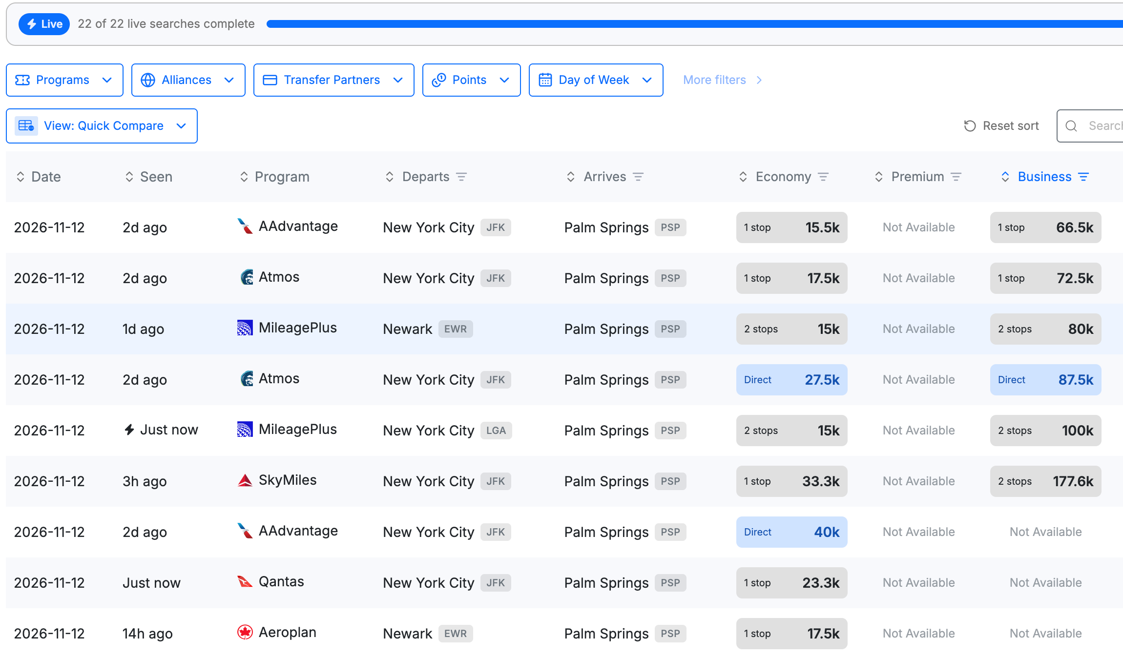 Search for award flights from New York to Palm Springs. SEATS.AERO