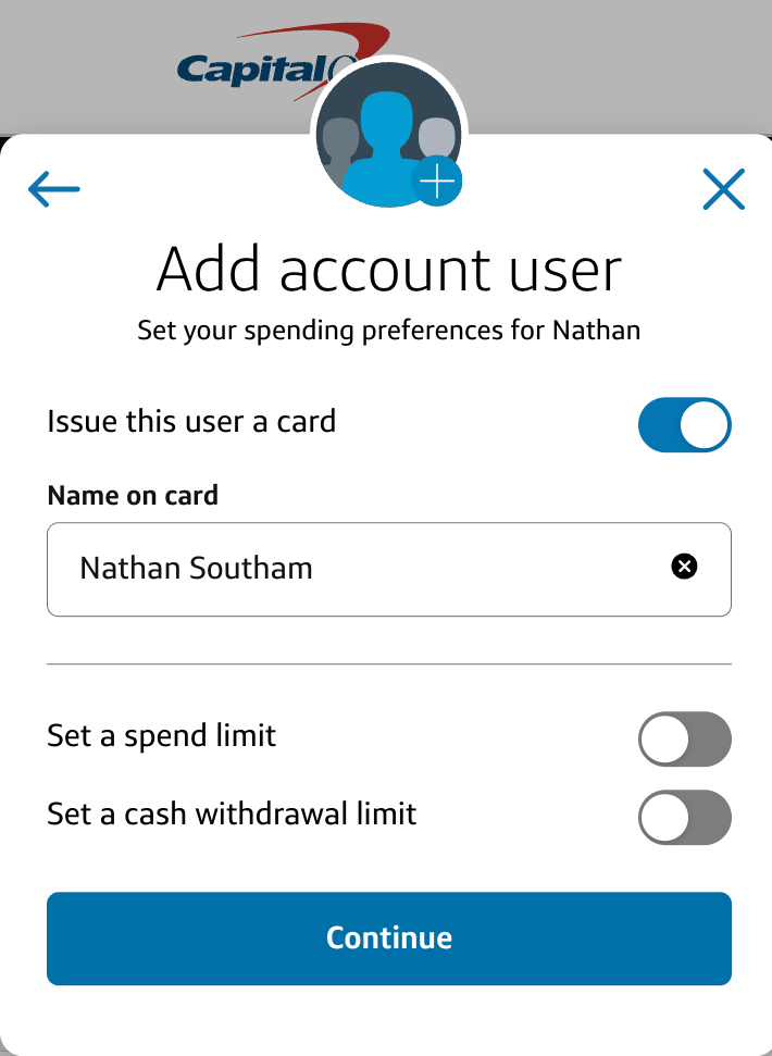 After confirming your new account user, you can add spending limits