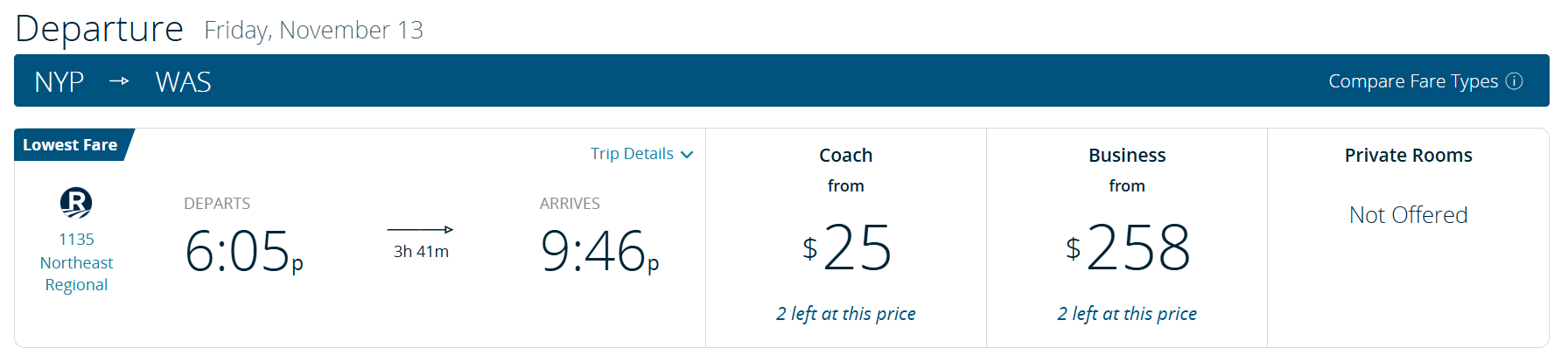 Fares for an Amtrak ticket