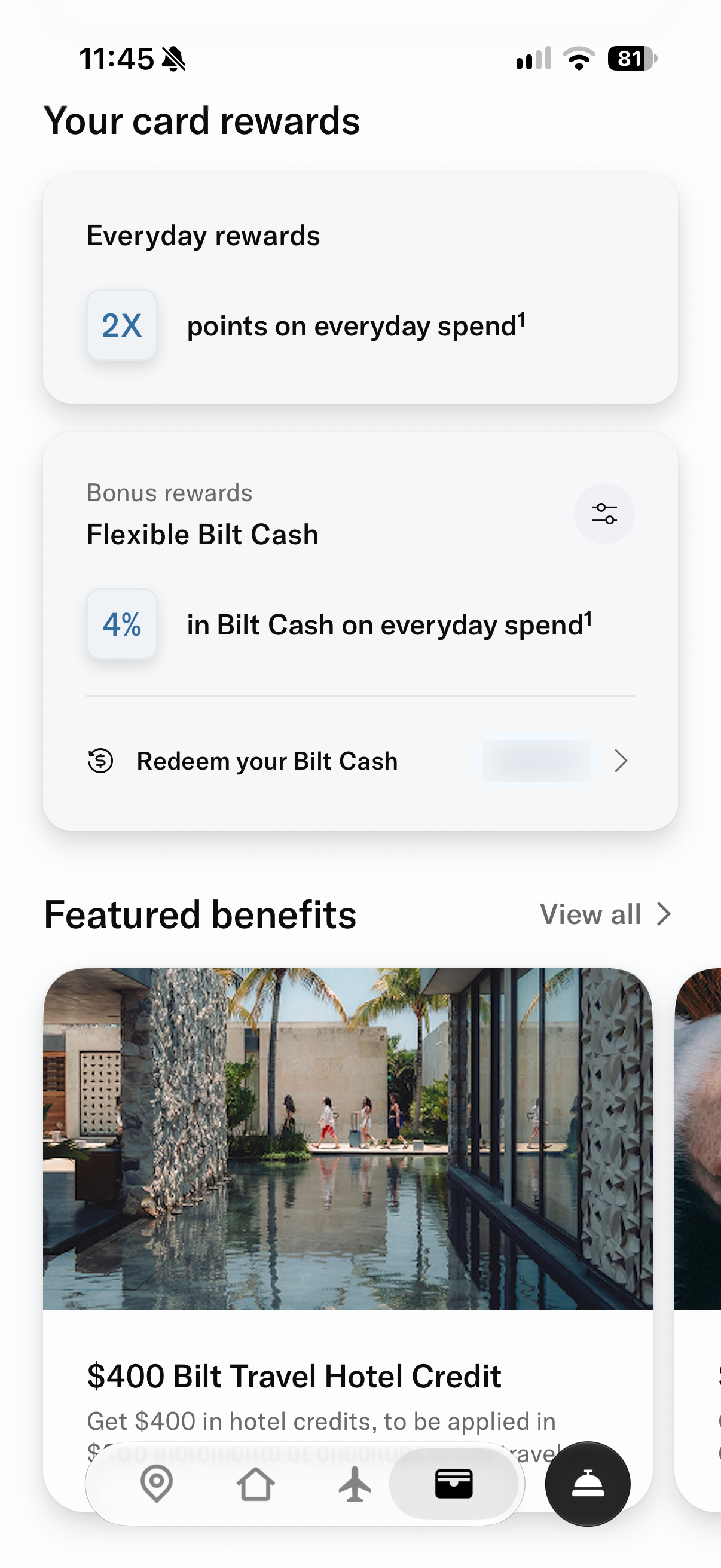 Your card rewards section in the Bilt app