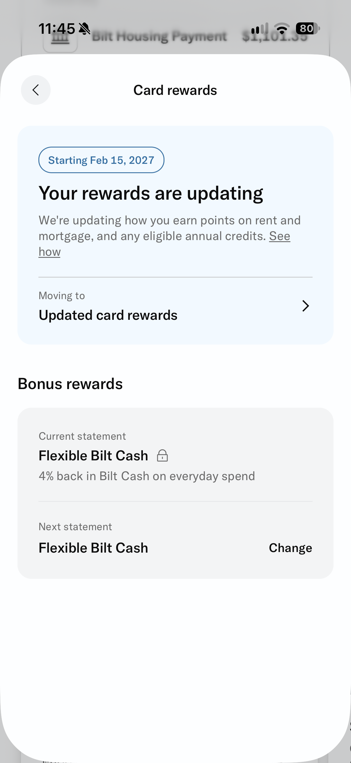 Where you go to update your card rewards in the Bilt app
