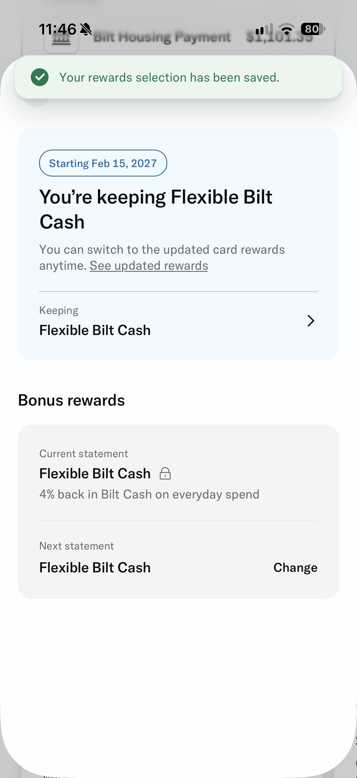The confirmation page when you select the Bilt rewards you want to earn in 2027
