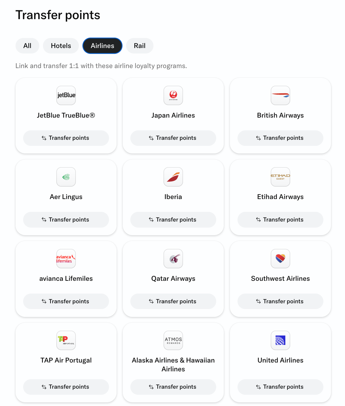 screenshot of Bilt transfer partners