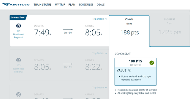 Booking an Amtrak train with points