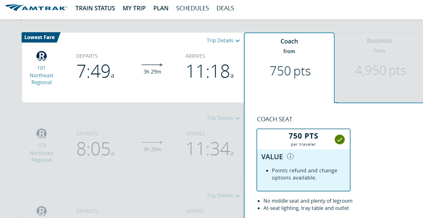 Booking an Amtrak train with points