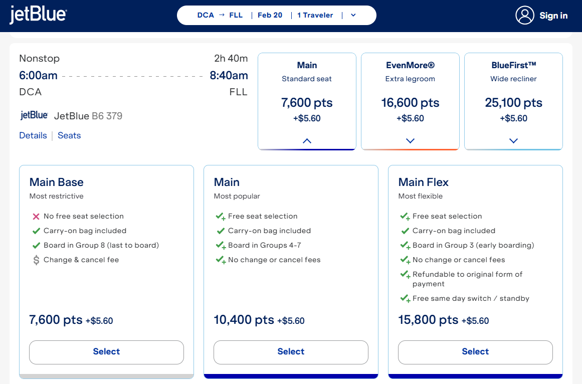 JetBlue award rates