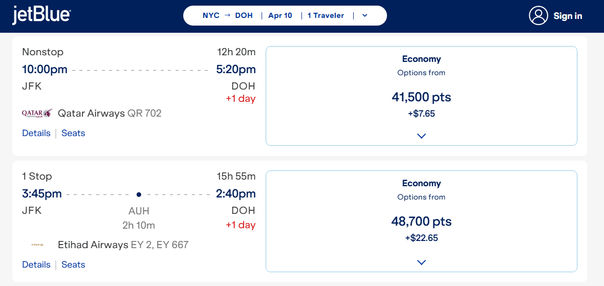 Redeeming JetBlue points for a partner award