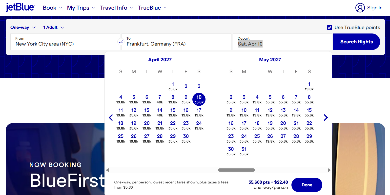 JetBlue points pricing calendar
