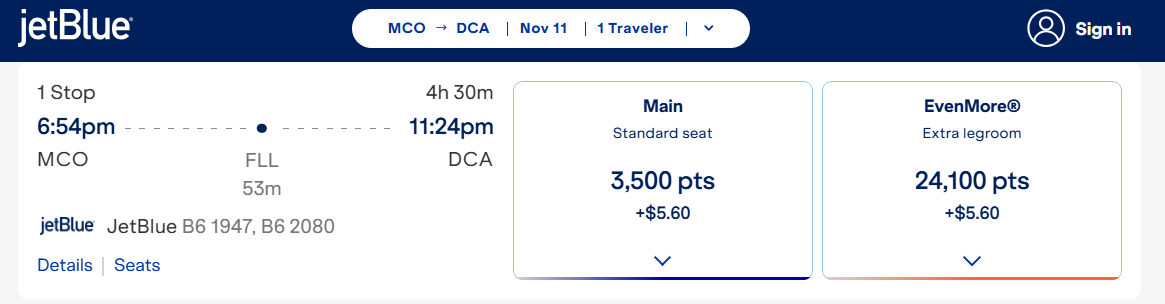 Redeeming JetBlue points for a domestic flight