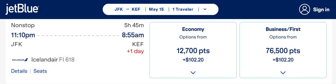 Redeeming JetBlue points for an Icelandair flight