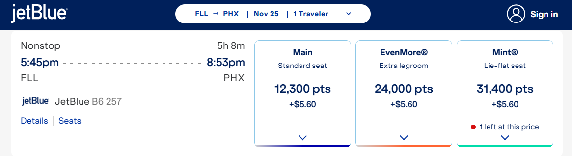 Redeeming JetBlue points for a JetBlue Mint award