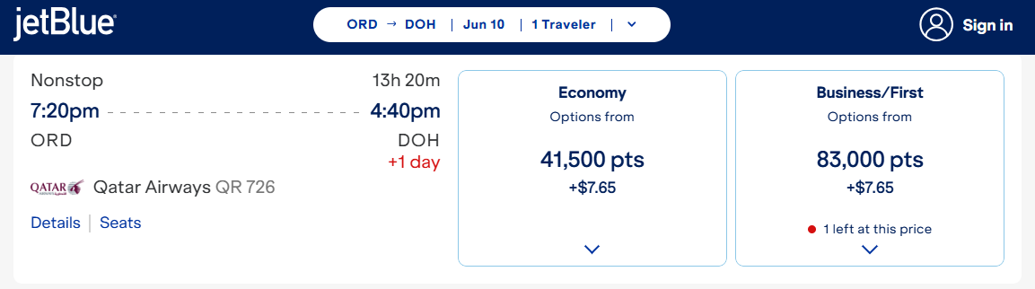 Redeeming JetBlue points for a Qatar flight