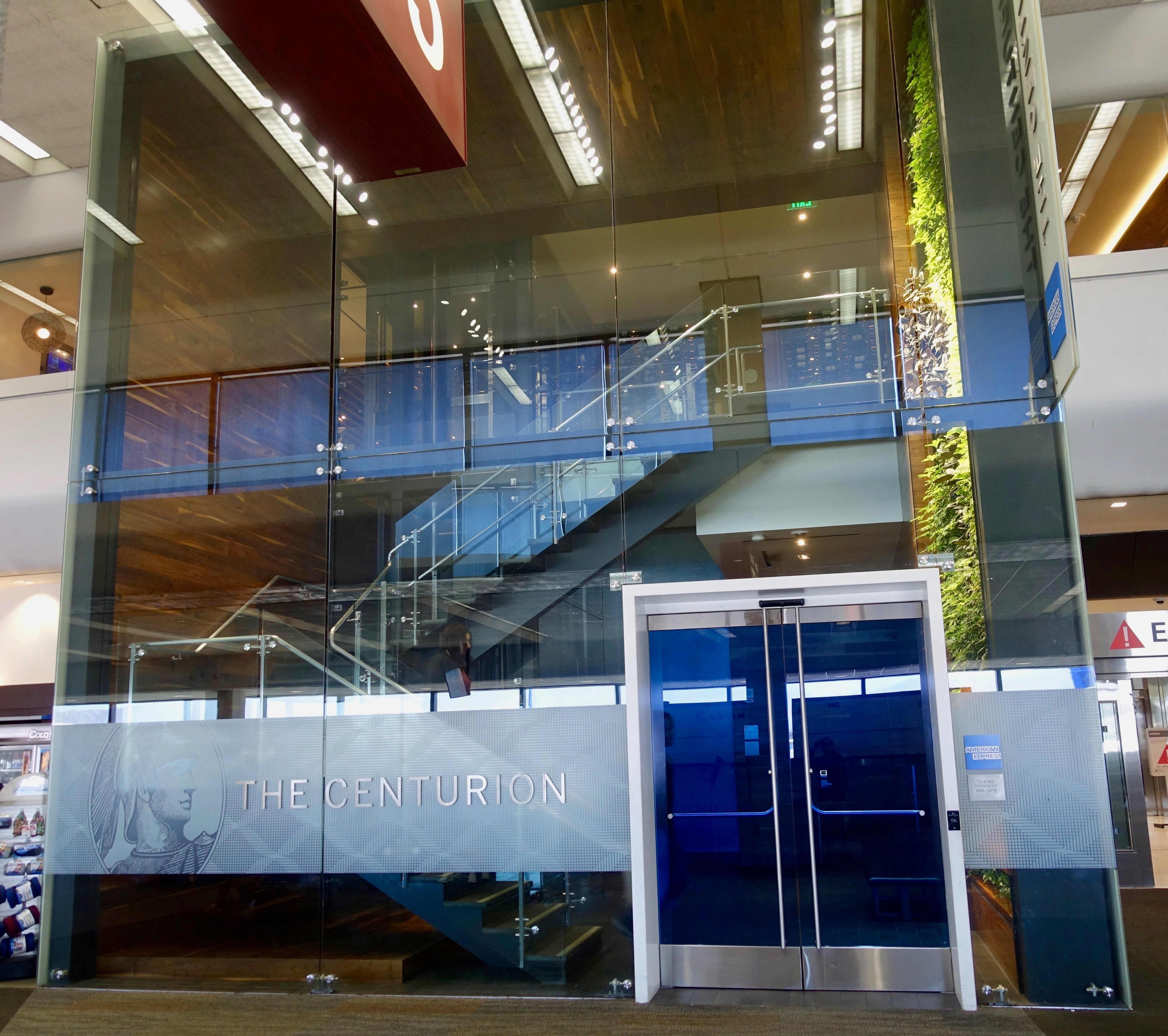 The glass facade of the American Express Centurion Lounge in San Francisco (SFO).